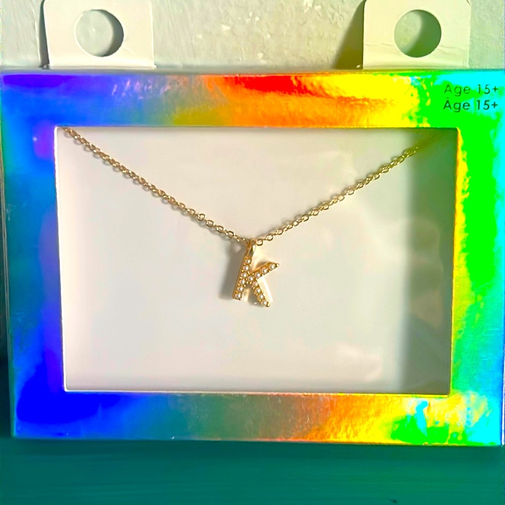 New Faux Pearl Encrusted “K” Initial Pendant Fashion Gold Tone Chain Necklace